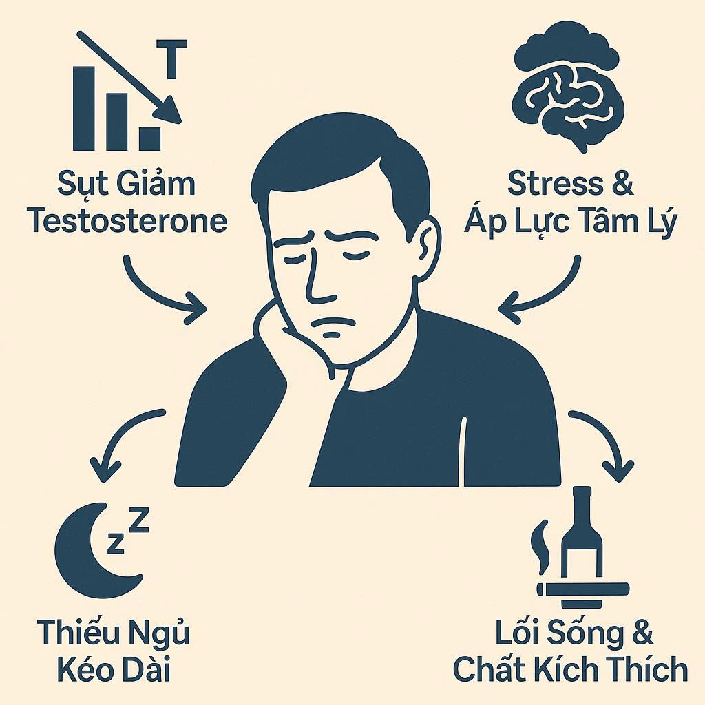 Infographic thể hiện các nguyên nhân chính gây suy giảm ham muốn ở nam giới, bao gồm Testosterone, stress, và thiếu ngủ.